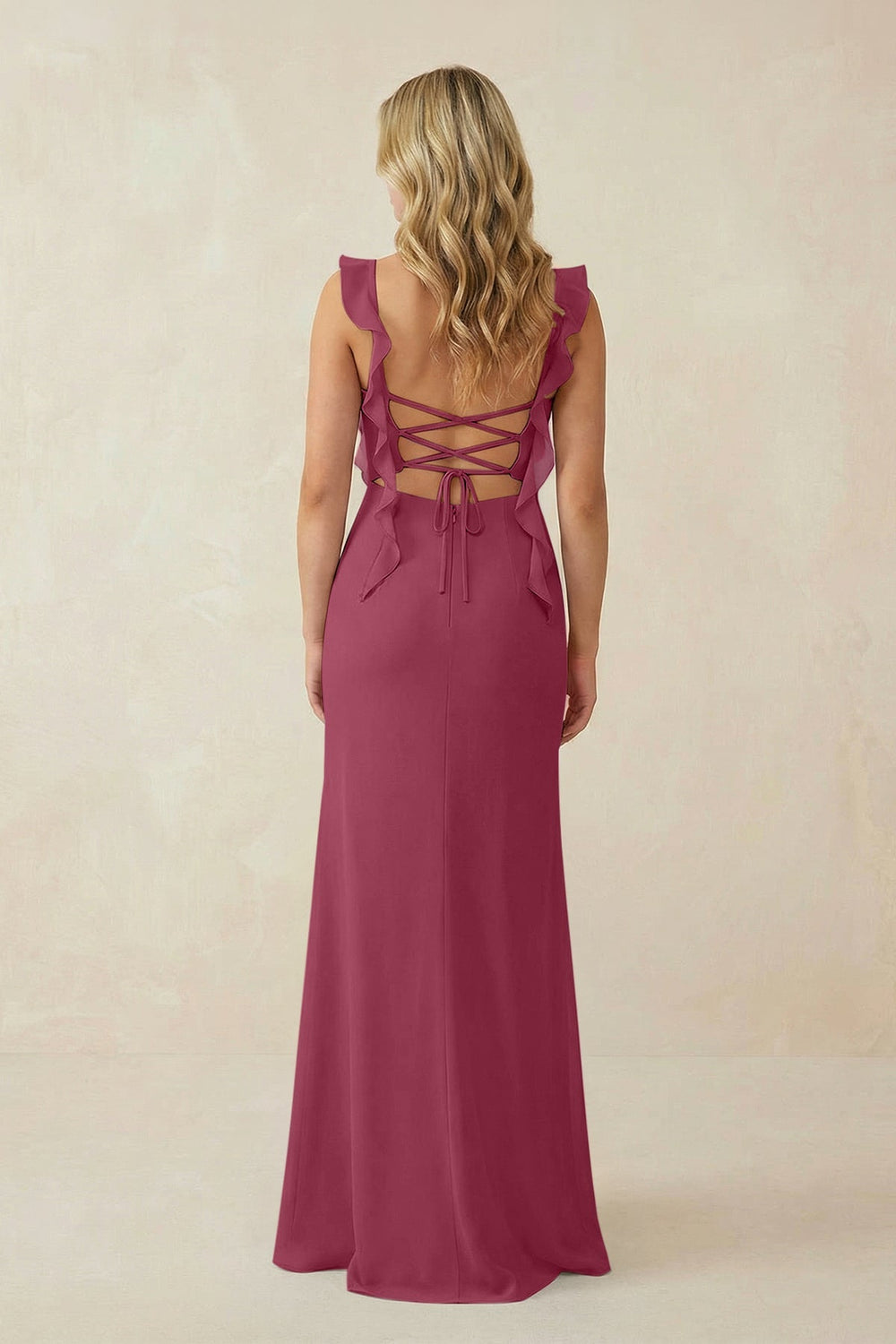 Ruffled Sleeve Ruched Sheath Chiffon Bridesmaid Dress in Desert Rose - KissProm BRIDESMAID DRESSES