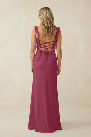 Ruffled Sleeve Ruched Sheath Chiffon Bridesmaid Dress in Desert Rose - KissProm BRIDESMAID DRESSES