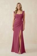 Ruffled Sleeve Ruched Sheath Chiffon Bridesmaid Dress in Desert Rose - KissProm BRIDESMAID DRESSES