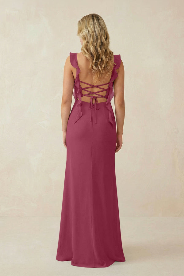 Ruffled Sleeve Ruched Sheath Chiffon Bridesmaid Dress in Desert Rose - KissProm BRIDESMAID DRESSES