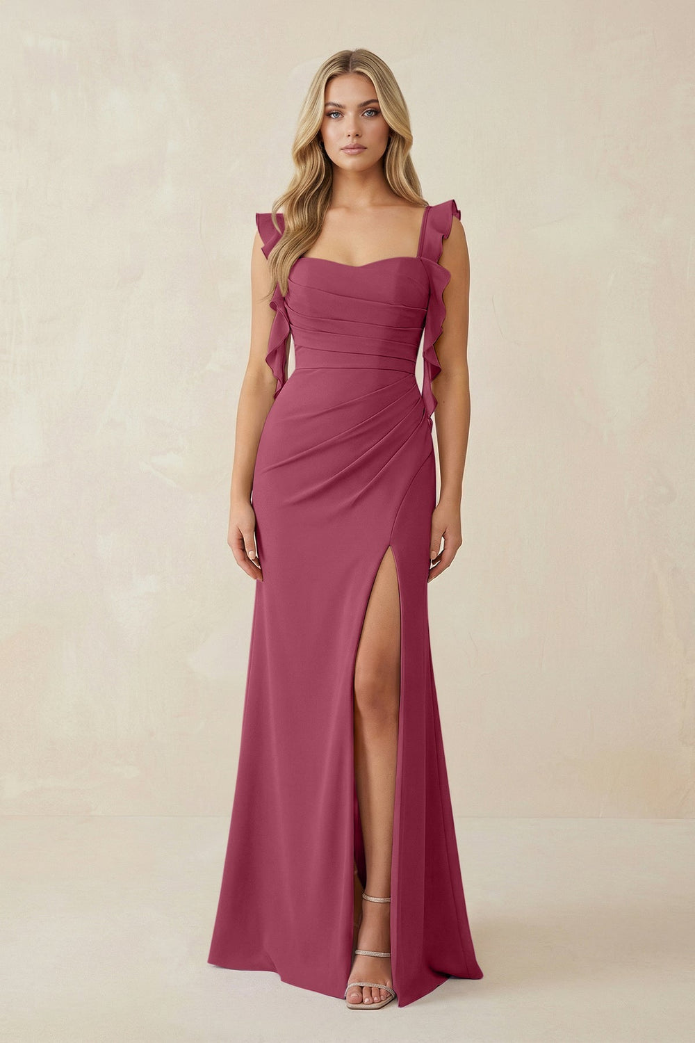 Ruffled Sleeve Ruched Sheath Chiffon Bridesmaid Dress in Desert Rose - KissProm BRIDESMAID DRESSES
