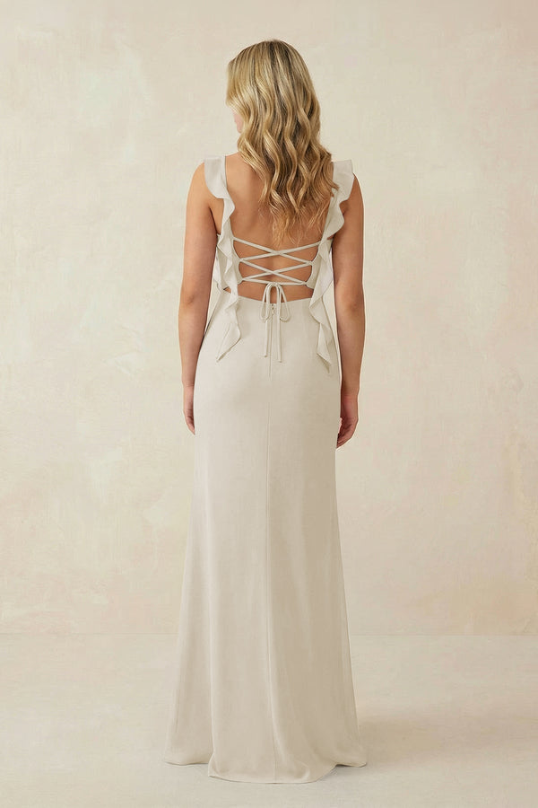 Ruffled Sleeve Ruched Sheath Chiffon Bridesmaid Dress in Dove Gray - KissProm BRIDESMAID DRESSES