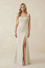 Ruffled Sleeve Ruched Sheath Chiffon Bridesmaid Dress in Dove Gray - KissProm BRIDESMAID DRESSES