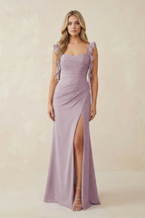Ruffled Sleeve Ruched Sheath Chiffon Bridesmaid Dress in Dusk - KissProm BRIDESMAID DRESSES