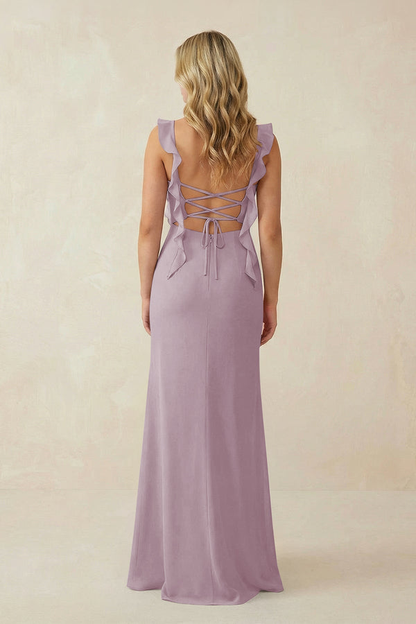 Ruffled Sleeve Ruched Sheath Chiffon Bridesmaid Dress in Dusk - KissProm BRIDESMAID DRESSES