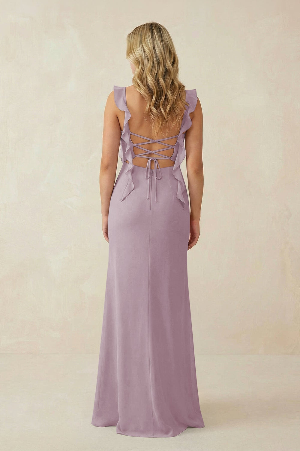 Ruffled Sleeve Ruched Sheath Chiffon Bridesmaid Dress in Dusk - KissProm BRIDESMAID DRESSES