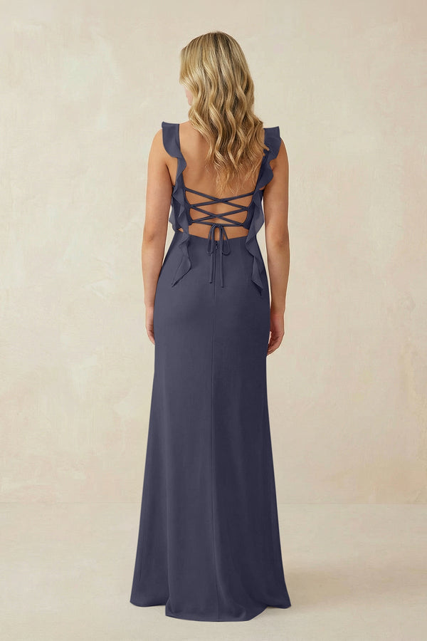 Ruffled Sleeve Ruched Sheath Chiffon Bridesmaid Dress in Dusk Blue - KissProm BRIDESMAID DRESSES