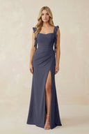 Ruffled Sleeve Ruched Sheath Chiffon Bridesmaid Dress in Dusk Blue - KissProm BRIDESMAID DRESSES