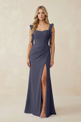 Ruffled Sleeve Ruched Sheath Chiffon Bridesmaid Dress in Dusk Blue - KissProm BRIDESMAID DRESSES