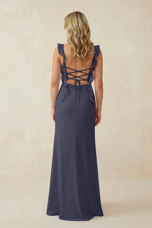 Ruffled Sleeve Ruched Sheath Chiffon Bridesmaid Dress in Dusk Blue - KissProm BRIDESMAID DRESSES