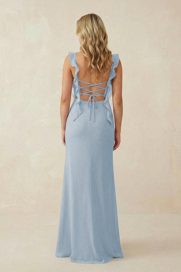 Ruffled Sleeve Ruched Sheath Chiffon Bridesmaid Dress in Dusty Blue - KissProm BRIDESMAID DRESSES