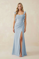Ruffled Sleeve Ruched Sheath Chiffon Bridesmaid Dress in Dusty Blue - KissProm BRIDESMAID DRESSES