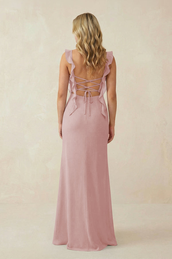 Ruffled Sleeve Ruched Sheath Chiffon Bridesmaid Dress in Dusty Rose - KissProm BRIDESMAID DRESSES
