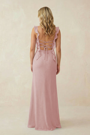 Ruffled Sleeve Ruched Sheath Chiffon Bridesmaid Dress in Dusty Rose - KissProm BRIDESMAID DRESSES