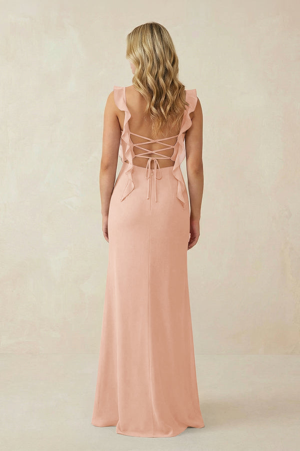 Ruffled Sleeve Ruched Sheath Chiffon Bridesmaid Dress in English Rose - KissProm BRIDESMAID DRESSES