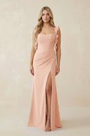 Ruffled Sleeve Ruched Sheath Chiffon Bridesmaid Dress in English Rose - KissProm BRIDESMAID DRESSES