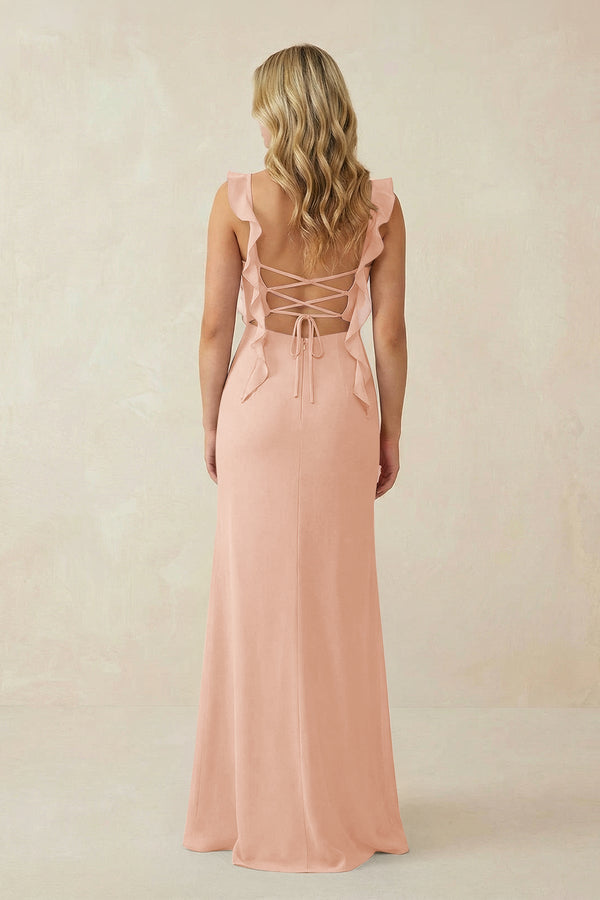 Ruffled Sleeve Ruched Sheath Chiffon Bridesmaid Dress in English Rose - KissProm BRIDESMAID DRESSES