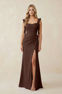 Ruffled Sleeve Ruched Sheath Chiffon Bridesmaid Dress in Espresso - KissProm BRIDESMAID DRESSES
