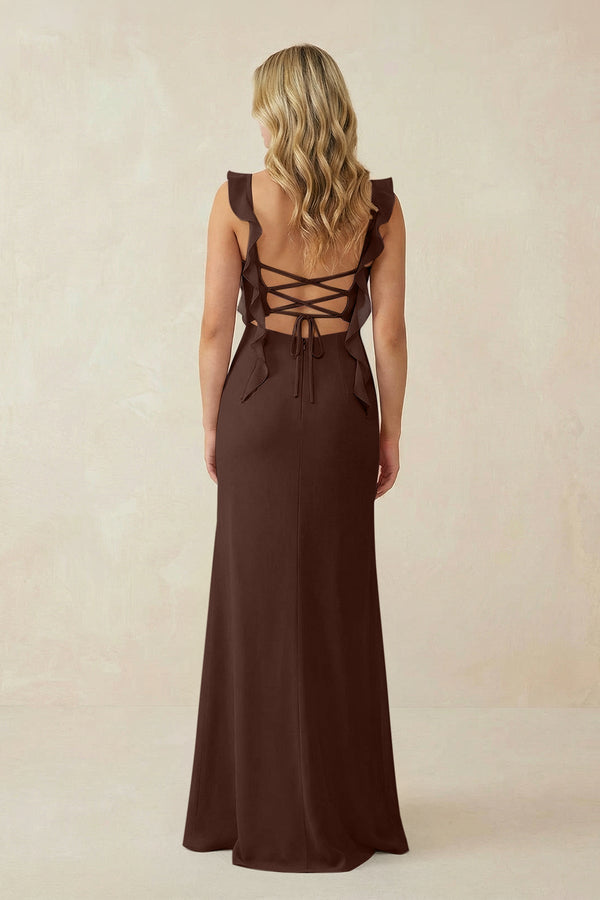 Ruffled Sleeve Ruched Sheath Chiffon Bridesmaid Dress in Espresso - KissProm BRIDESMAID DRESSES