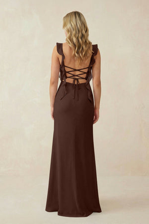 Ruffled Sleeve Ruched Sheath Chiffon Bridesmaid Dress in Espresso - KissProm BRIDESMAID DRESSES