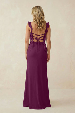 Ruffled Sleeve Ruched Sheath Chiffon Bridesmaid Dress in Fig - KissProm BRIDESMAID DRESSES