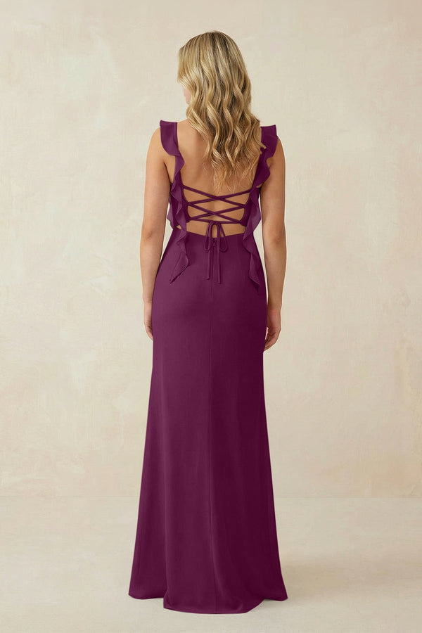Ruffled Sleeve Ruched Sheath Chiffon Bridesmaid Dress in Fig - KissProm BRIDESMAID DRESSES