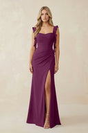 Ruffled Sleeve Ruched Sheath Chiffon Bridesmaid Dress in Fig - KissProm BRIDESMAID DRESSES