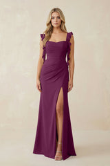 Ruffled Sleeve Ruched Sheath Chiffon Bridesmaid Dress in Fig - KissProm BRIDESMAID DRESSES