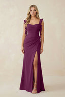 Ruffled Sleeve Ruched Sheath Chiffon Bridesmaid Dress in Fig - KissProm BRIDESMAID DRESSES