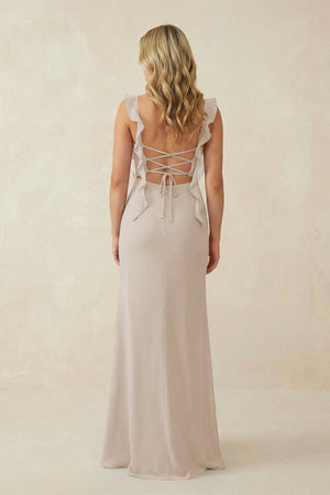 Ruffled Sleeve Ruched Sheath Chiffon Bridesmaid Dress in Frost - KissProm BRIDESMAID DRESSES