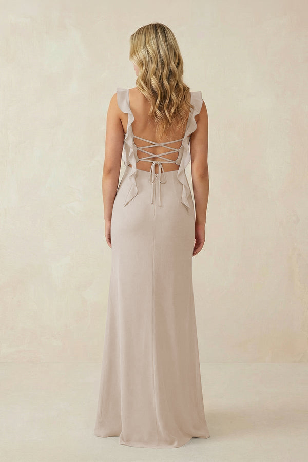 Ruffled Sleeve Ruched Sheath Chiffon Bridesmaid Dress in Frost - KissProm BRIDESMAID DRESSES
