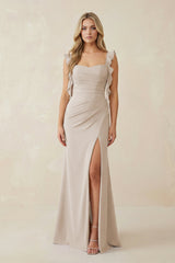 Ruffled Sleeve Ruched Sheath Chiffon Bridesmaid Dress in Frost - KissProm BRIDESMAID DRESSES