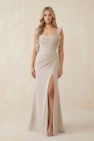 Ruffled Sleeve Ruched Sheath Chiffon Bridesmaid Dress in Frost - KissProm BRIDESMAID DRESSES