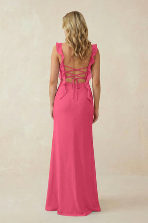 Ruffled Sleeve Ruched Sheath Chiffon Bridesmaid Dress in Fuchsia - KissProm BRIDESMAID DRESSES