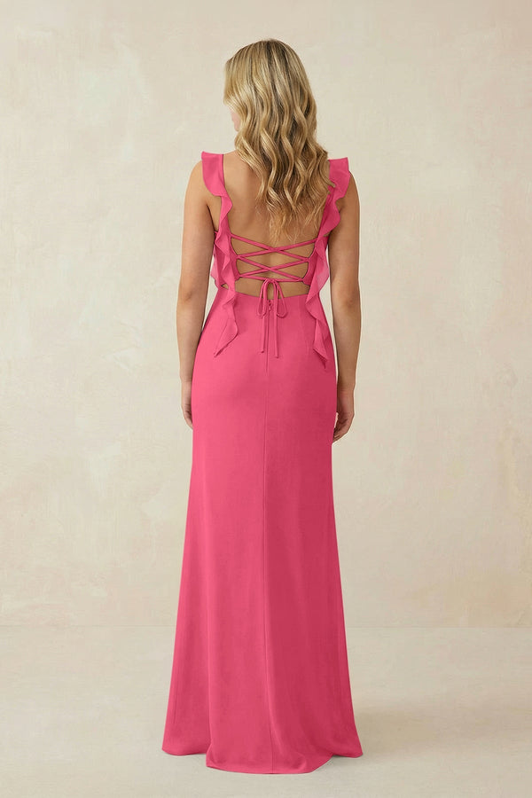 Ruffled Sleeve Ruched Sheath Chiffon Bridesmaid Dress in Fuchsia - KissProm BRIDESMAID DRESSES