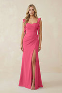 Ruffled Sleeve Ruched Sheath Chiffon Bridesmaid Dress in Fuchsia - KissProm BRIDESMAID DRESSES