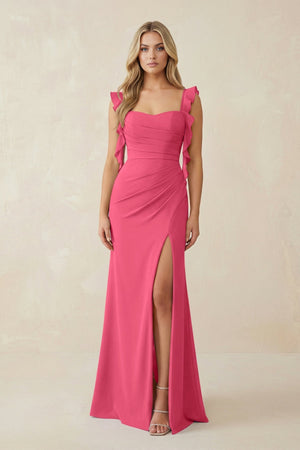 Ruffled Sleeve Ruched Sheath Chiffon Bridesmaid Dress in Fuchsia - KissProm BRIDESMAID DRESSES