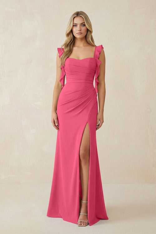 Ruffled Sleeve Ruched Sheath Chiffon Bridesmaid Dress in Fuchsia - KissProm BRIDESMAID DRESSES
