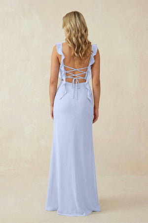 Ruffled Sleeve Ruched Sheath Chiffon Bridesmaid Dress in Ice - KissProm BRIDESMAID DRESSES