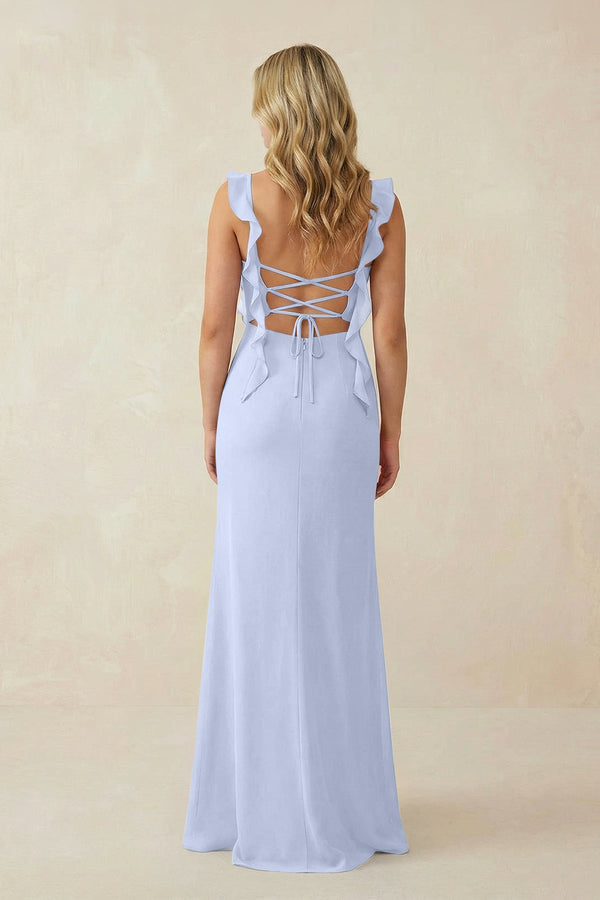 Ruffled Sleeve Ruched Sheath Chiffon Bridesmaid Dress in Ice - KissProm BRIDESMAID DRESSES