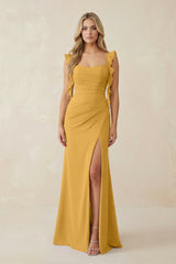 Ruffled Sleeve Ruched Sheath Chiffon Bridesmaid Dress in Marigold - KissProm BRIDESMAID DRESSES