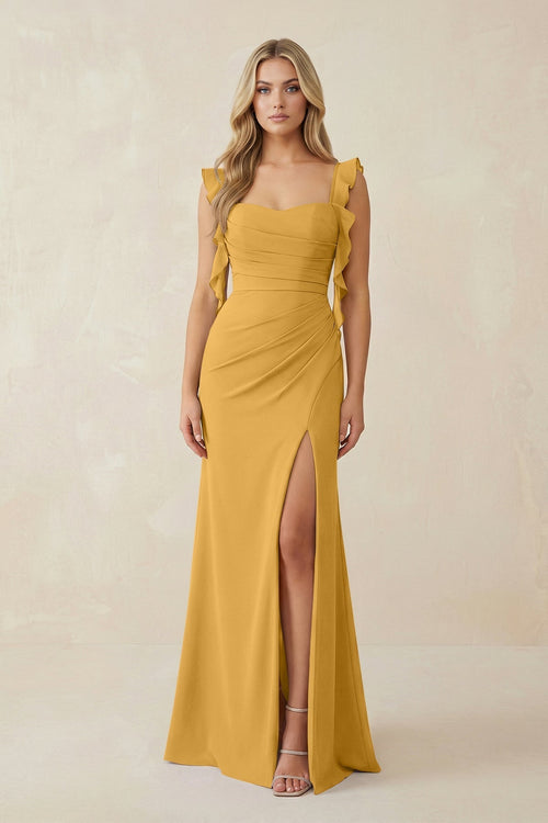 Ruffled Sleeve Ruched Sheath Chiffon Bridesmaid Dress in Marigold - KissProm BRIDESMAID DRESSES