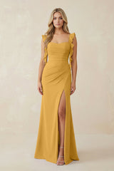 Ruffled Sleeve Ruched Sheath Chiffon Bridesmaid Dress in Marigold - KissProm BRIDESMAID DRESSES