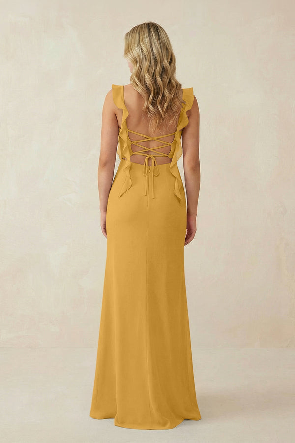 Ruffled Sleeve Ruched Sheath Chiffon Bridesmaid Dress in Marigold - KissProm BRIDESMAID DRESSES