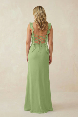 Ruffled Sleeve Ruched Sheath Chiffon Bridesmaid Dress in Matcha - KissProm BRIDESMAID DRESSES