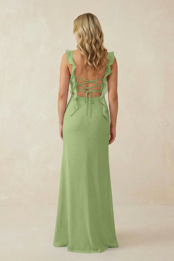 Ruffled Sleeve Ruched Sheath Chiffon Bridesmaid Dress in Matcha - KissProm BRIDESMAID DRESSES