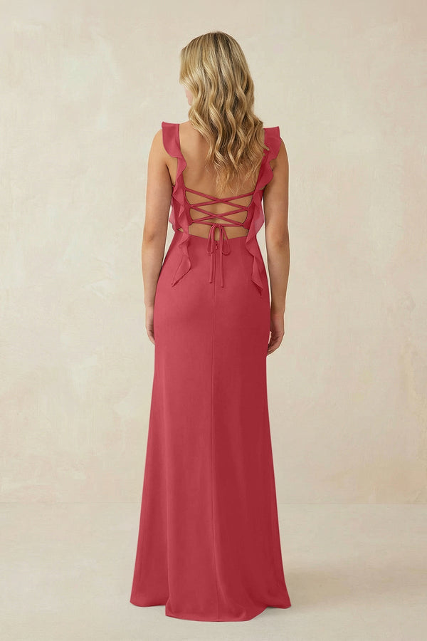Ruffled Sleeve Ruched Sheath Chiffon Bridesmaid Dress in Merlot - KissProm BRIDESMAID DRESSES
