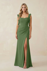 Ruffled Sleeve Ruched Sheath Chiffon Bridesmaid Dress in Moss - KissProm BRIDESMAID DRESSES