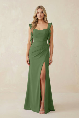 Ruffled Sleeve Ruched Sheath Chiffon Bridesmaid Dress in Moss - KissProm BRIDESMAID DRESSES