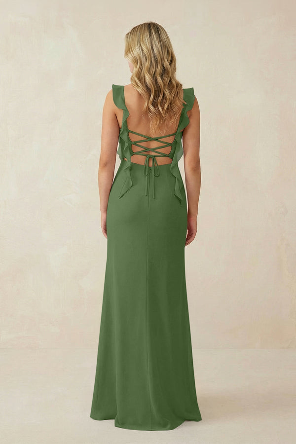 Ruffled Sleeve Ruched Sheath Chiffon Bridesmaid Dress in Moss - KissProm BRIDESMAID DRESSES